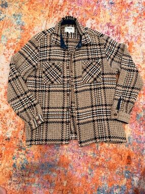 Wax London Knit Shirt Jacket Men’s Medium Brown Plaid Button Front Overshirt